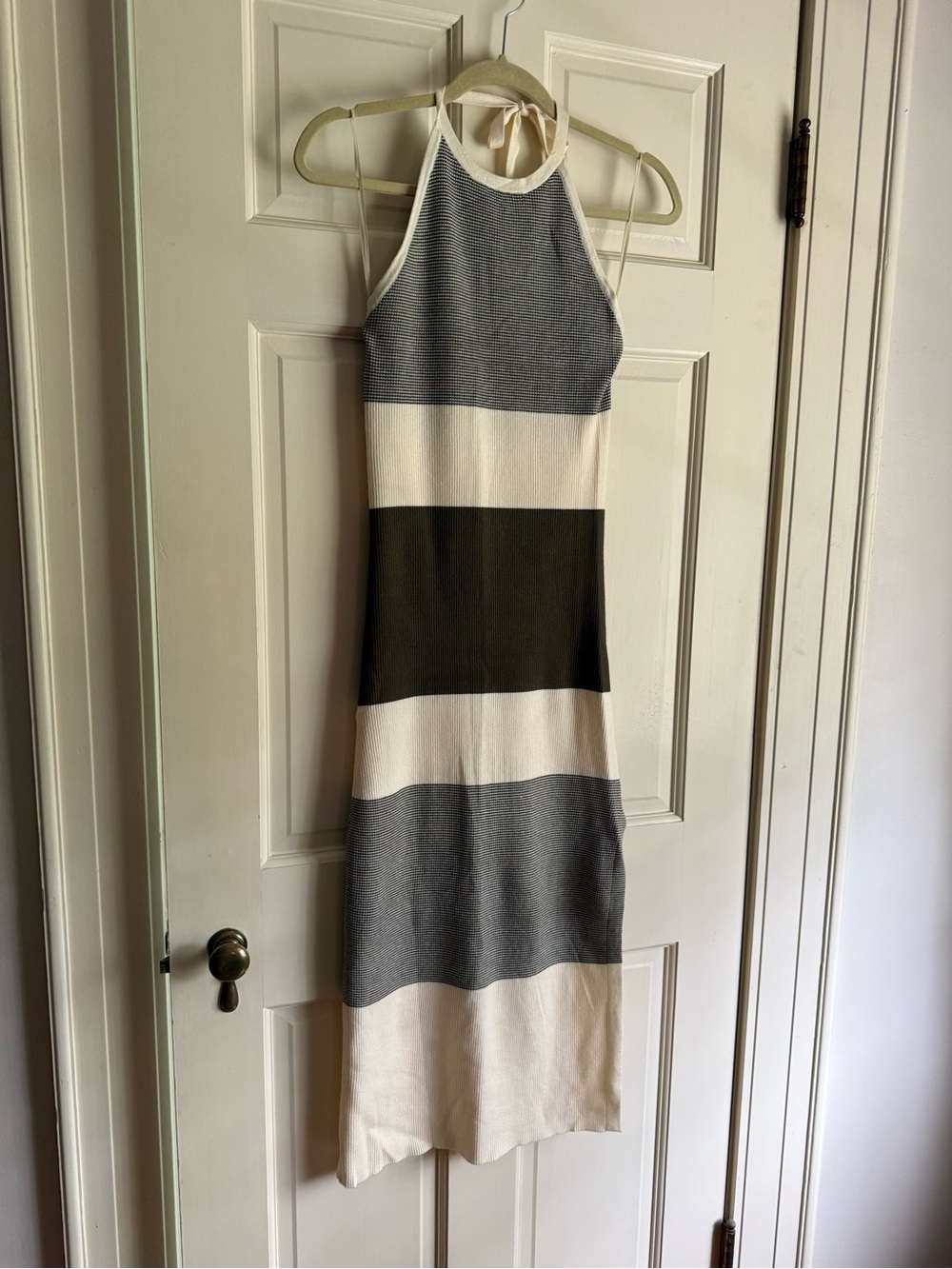 Striped Halter Midi Dress in olive green and Cream size M